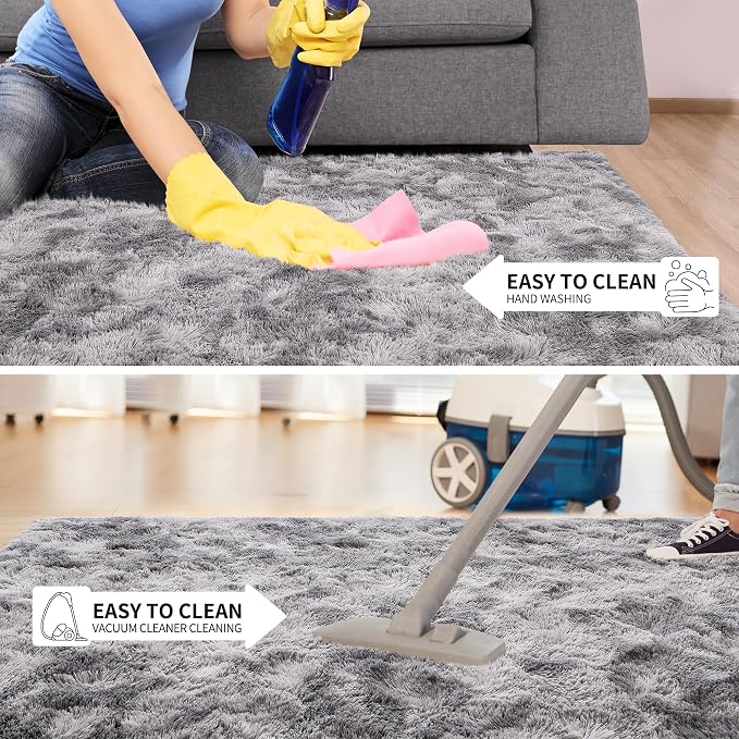 Tepook Soft Fluffy Rugs for Bedroom, 4x6 Area Rug for Living Room, Modern Shaggy Room Rug for Kids Boys Girls, Plush Throw Rugs Indoor Nursery Home Decor Rug with Non-Slip Bottom, Tie-dye Light Grey