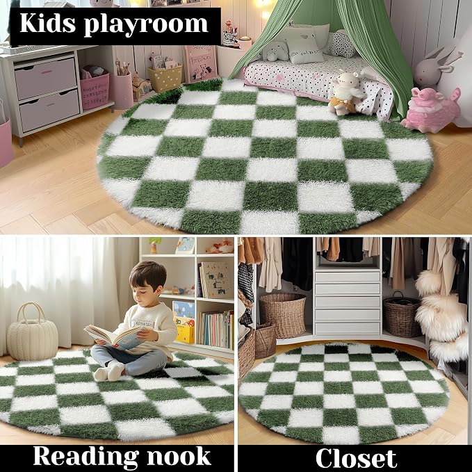 KICMOR Round Rugs 5ft Olive Green and White Circle Area Rug, Fluffy Soft Fuzzy Shag Shaggy Bedroom Living Room Carpet, Indoor Checkered Circular Rug for Kids Boys Girls Home Decor Aesthetic, Nursery
