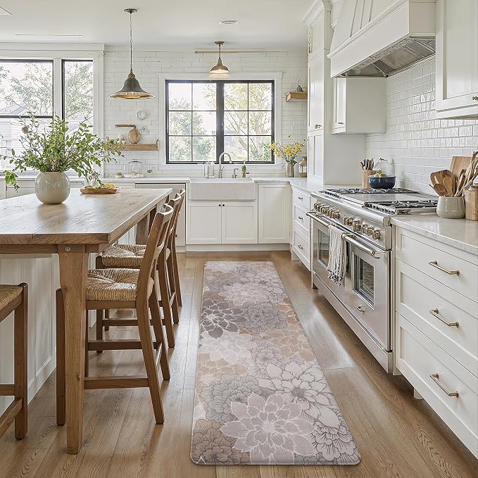 GENIMO Anti Fatigue Kitchen Runner Mats for Floor, Cushioned Standing Mats | 23"x71" , Taupe Grey vintage floral rug set, waterproof, non slip, easy-clean for farmhouse