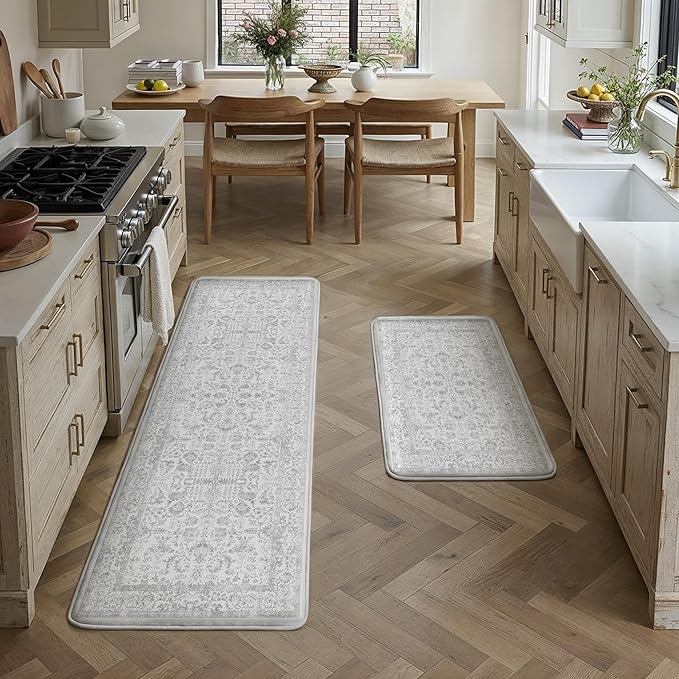Kitchen Mats 2PCS Anti Fatigue Cushioned Mat Gray Vintage Kitchen Mats for Floor Waterproof Non Slip Comfort Standing Grey Retro Floral Rug for Sink Laundry Office 17.3"x59"+17.3"x30"