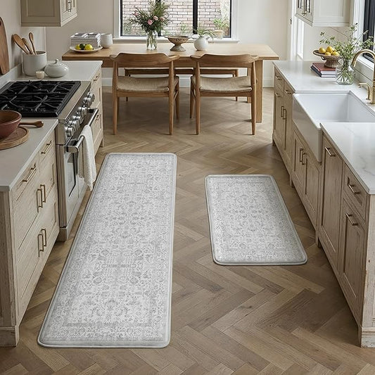 Kitchen Mats 2PCS Anti Fatigue Cushioned Mat Gray Vintage Kitchen Mats for Floor Waterproof Non Slip Comfort Standing Grey Retro Floral Rug for Sink Laundry Office 17.3"x59"+17.3"x30"