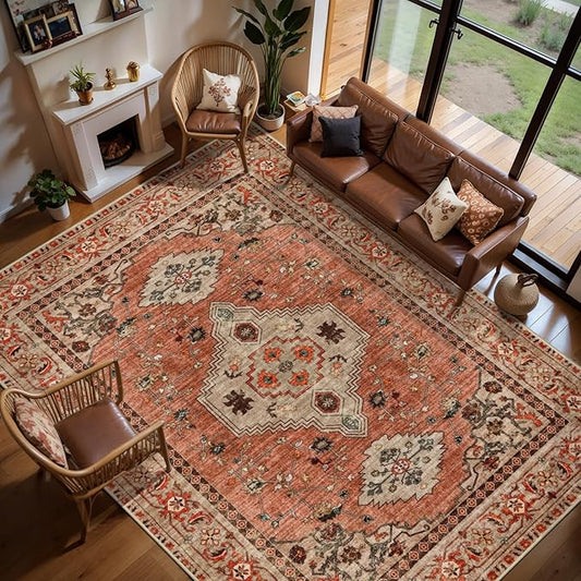 Tangsoo Boho 10x12 Area Rug for Living Room, Washable Vintage Rug Indoor Non Slip Large Area Rugs, Print Oriental Carpet Soft Low Pile Foldable Floor Room Rug for Bedroom Dining Room Terracotta