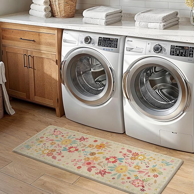 GENIMO Anti Fatigue Kitchen Mats for Floor 2PCS, Cushioned Standing Mats | 17.3"x47"&17.3"x30", Beige vintage floral rug set, waterproof, non slip, easy-clean for farmhouse