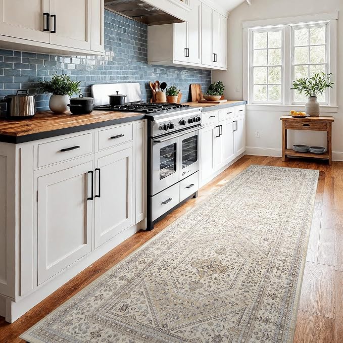 2x8 Runner Rug for Hallway Washable: Non Slip Kitchen Rugs with Rubber Backing Soft Waterproof Wide Mats Stain Resistant Low Pile Carpet for Entryway Bedroom Bathroom Laundry Home Decor Beige/Gray