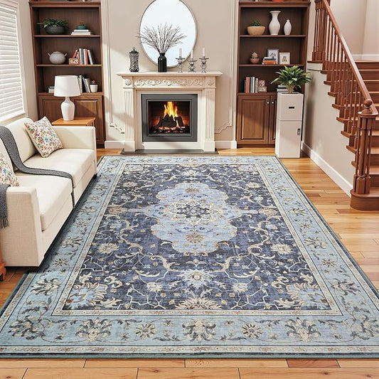 4x6 Washable Area Rug, Living Room Rug, Navy Blue Vintage Non-Slip Rug, Low Pile Floral Indoor Rugs, Soft Distressed Print Pattern Carpet for Living Room, Bedroom, Kitchen, Dining Room and Office