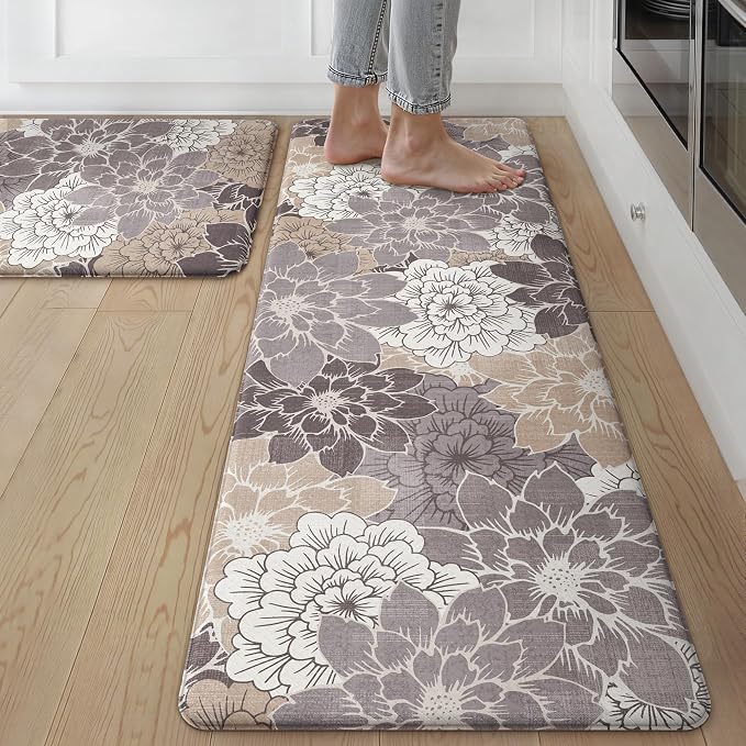 GENIMO Anti Fatigue Kitchen Mats for Floor 2PCS, Cushioned Standing Mats | 17.3"x59"&17.3"x30", Coffee Brown vintage floral rug set, waterproof, non slip, easy-clean for farmhouse