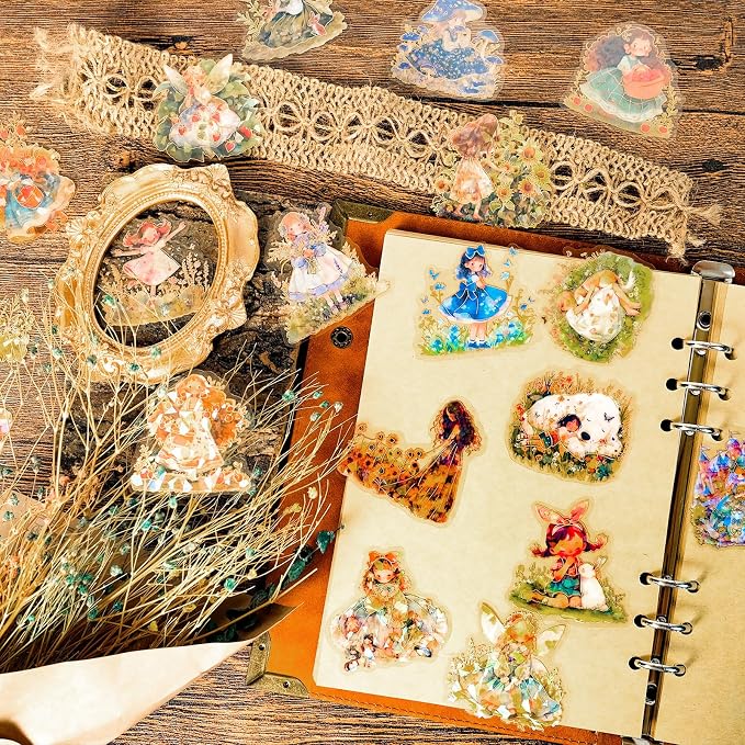 60Pcs Kawaii Girls Stickers for Journaling - Cute Sweet Cartoon Transparent Collage Scrapbooking Supplies Sticker Decal for Junk Journal Cards DIY Arts Crafts