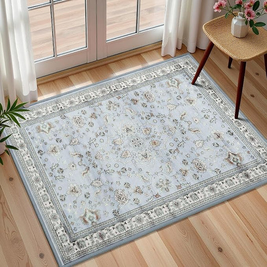 Light Blue 2x3 Washable Entryway Rug, Small Boho Non Slip Area Rugs, Vintage Floral Throw Door Mat, Aesthetic Low Pile Carpet for Kitchen Indoor Farmhouse Entrance Bedroom