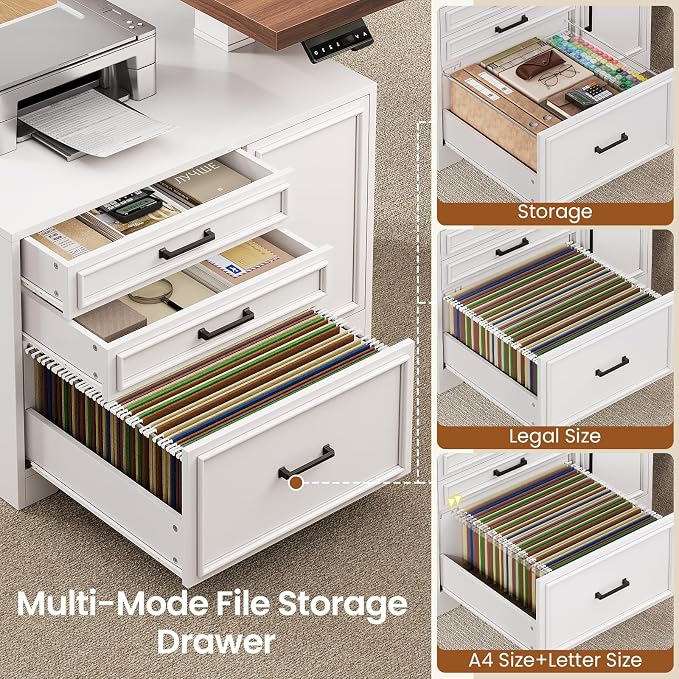 SEDETA Farmhouse L Shaped Electric Standing Desk with File Cabinet, 77 x 55'' Height Adjustable Home Office Computer Desk with 6 Drawers, Power Outlet, Sit Stand Desk, White