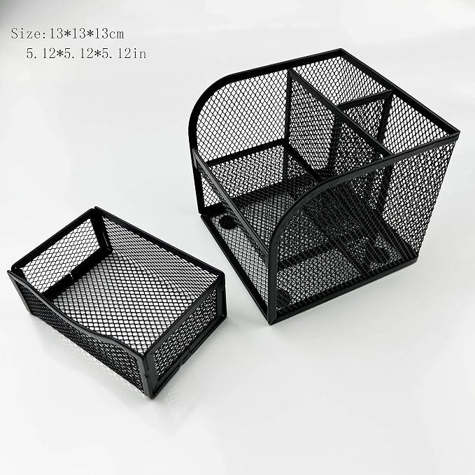 Fengtaiyuan T11, Black Square Metal Wire Mesh Pencil Holder, Pencil Cup, Pen Holder, Desktop Organizer, Office Storage Box (T11)