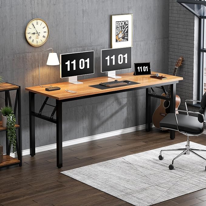 SogesHome Large Folding Computer Desk 62 Inch, No Assembly Home Office Desk, Space Saving Foldable Writing Table with Adjustable Leg Pads, Compact Workstation for Apartment Dorm Study, Teak Black