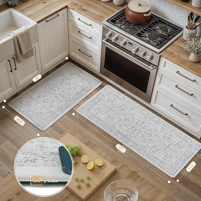 Kitchen Mats for Floor Anti Fatigue Cushioned Gray Vintage Kitchen Mats Waterproof Non Slip Comfort Standing Grey Retro Floral Runner Rug for Sink Laundry Office Bathroom 17.3"x47"