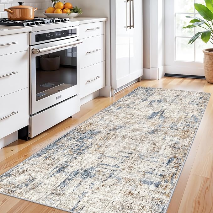 3x8 Washable Non-Slip Runner Rug Modern Abstract Neutral Wide Carpet Runner for Kitchen, Hallway, Entryway, Bathroom, Bedroom Low-Pile Thin Floor Mat (Blue Brown)