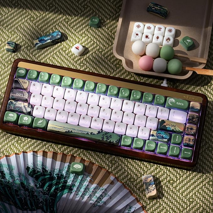 OHY XVX MOA Profile Keycaps Set, Japanese Mount Fuji Theme, 129 - Key White & Green Custom Keycaps with PBT + Frosted Translucent PC Material for US Layout Mechanical Keyboards