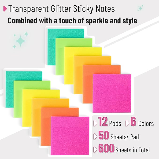 Mr. Pen- Transparent Glitter Sticky Notes, 3”x3”, 12 Pads, 600 Sheets | Glitter Transparent Note Pads, Self-Stick Bible Journaling Sticky Note for Women, Stocky Notes for Bible Journaling