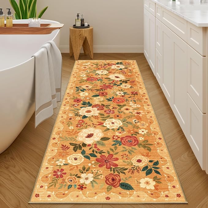 DUKINO Runner Rug, 2x10 Kitchen Hallway Carpet, Washable with Non-Slip Backing, Low Pile Soft Boho Floral for Entryway, Laundry, Bedroom, Orange