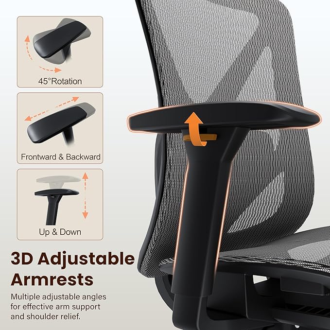 Ergonomic Office Chair, Mesh Computer Desk Chairs with Adjustable Lumbar Support, 3D Armrest, Tilt Function, Comfy Wide Seat, Executive Work Task Chair for Company & Home, Gaming Chair (Grey)