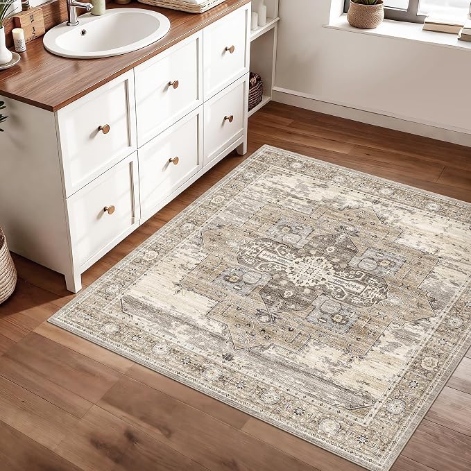 RUUGME Soft 3x3 Rug Living Room - Throw Rugs for Bedroom Vintage Tribal Rugs for Married Woman in Bedroom Kitchen with Non Slip Backing Home Decor 3x3 Beige