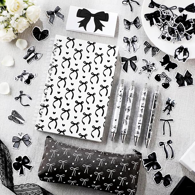 Sayglossy Black Bow Stationery Gift Coquette School Supplies Set Include Pens Aesthetic Journal Notebook Pencil Case and Stickers Preppy Back to School Supplies for Girl Students