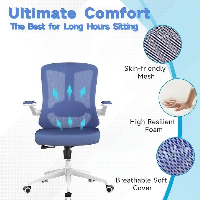 Office Chair (02BLue) | Smooth-rolling casters, space-saving design, height adjustable, for home office and gaming, sturdy construction