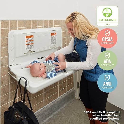 ECR4Kids Horizontal Wall-Mounted Changing Station with 500 Liners, Baby Changer, White Granite