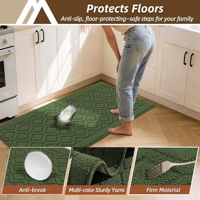 COSY HOMEER 60x24Inch/35X24Inch Kitchen Rugs Sets Non-Slip Washable Kitchen Mats for Floor Polypropylene Absorbent Kitchen Runner for Kitchen Sink Hallway Entryway(Green)