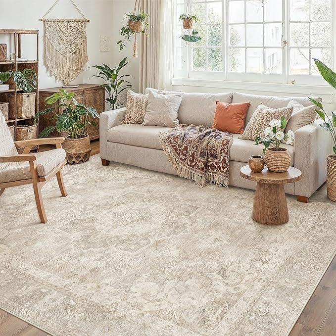 PureCozy Beige 5x7 Area Rug for Living Room Washable Vintage Carpet Non Slip Low Pile Indoor Bedroom Soft Retro Oriental Medallion Accent Throw Large Rug for Kitchen Dining Room Office