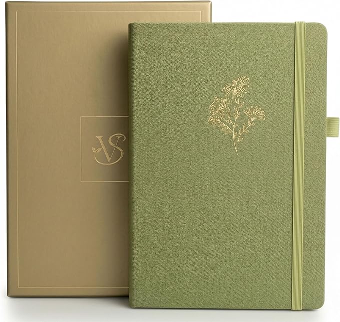 VIVID SCRIBBLES A5 Bullet Dotted Journal – 160GSM Bleed-Proof Dot Grid Notebook with 200 Numbered Pages, Lay-Flat Hardcover, Pen Loop & Expandable Pocket, Sage Green