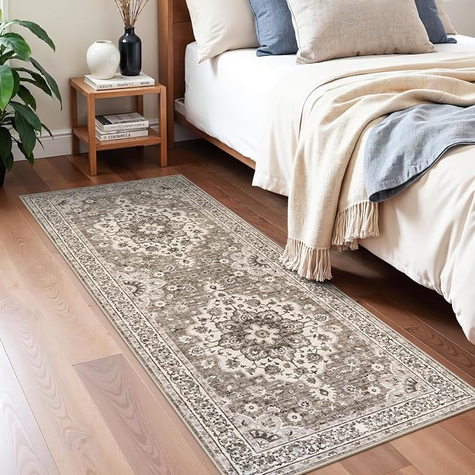 TOPRUUG Washable Entryway 2x5 Rug - Small Throw Runners for Kitchen Bathroom Bedroom Non-Slip Ultra-Thin Indoor Door Mat Indoor Entrance - Stain Resistant Vintage Home Decor (Beige, 2X5)