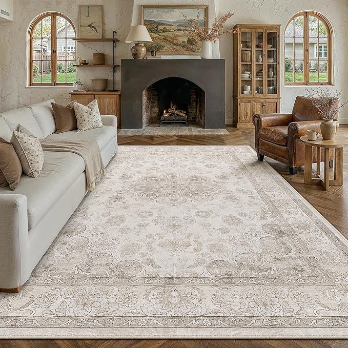 PureCozy Beige Area Rug 8x10 Washable Vintage Living Room Bedroom Carpet Non Slip Soft Low Pile Distressed Medallion Indoor Floor Retro Throw Large Rug for Dining Room Office