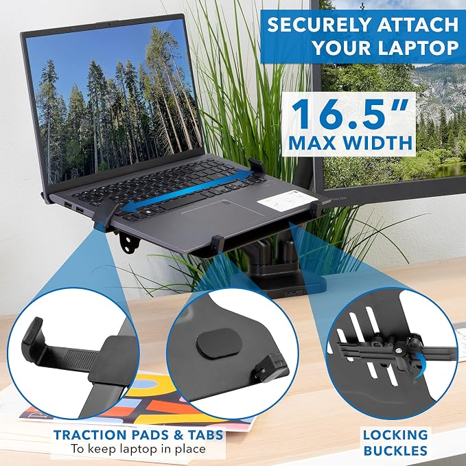 Mount-It! Monitor and Laptop Desk Mount, Height Adjustable Dual Arm Stand with Vented Laptop Tray, Fits Laptops up to 17 Inch and 13–27 Inch Monitors, VESA 75x75 & 100x100, Clamp or Grommet Mount