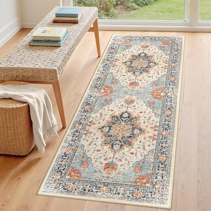 RELEANY Area Rugs Runner 3'x8' Washable Non-Slip, Floral Vintage Distress Medallion Carpet for Kitchen Hallway Bedroom Beside Laundry Room Bathroom, Beige Navy Blue Orange Colorful