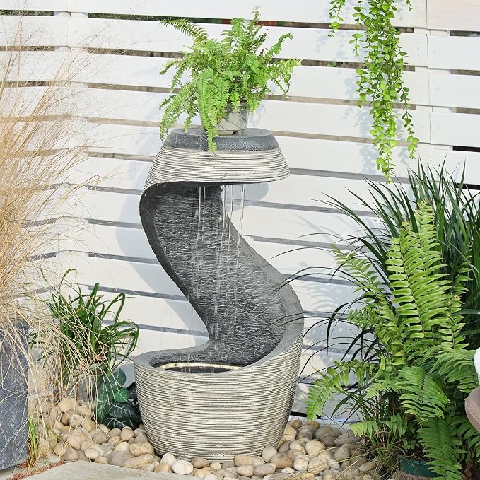 Sunlinua 37" Tall S-Shaped Outdoor Waterfall Fountain – Rainfall Water Fountain for Garden, Patio or Backyard Decor, Floor-Standing Resin Garden Fountains Water Feature with Flat Top for Plant Display