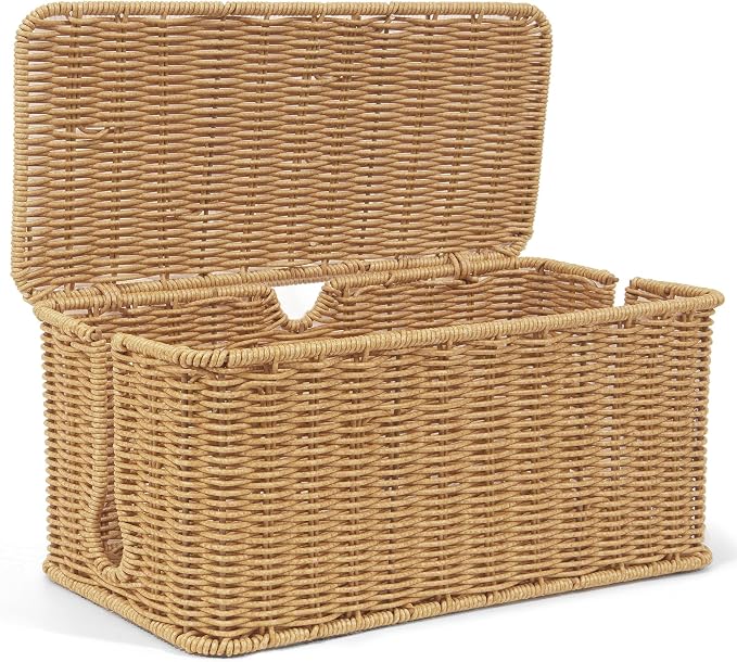 ZhiYo Rattan Cable Management Box, Brown Cord Organizer, 13.5" x 6.2" x 6" | Handwoven imitation rattan cord hider box conceals power strips and cables for a clean desk or floor setup