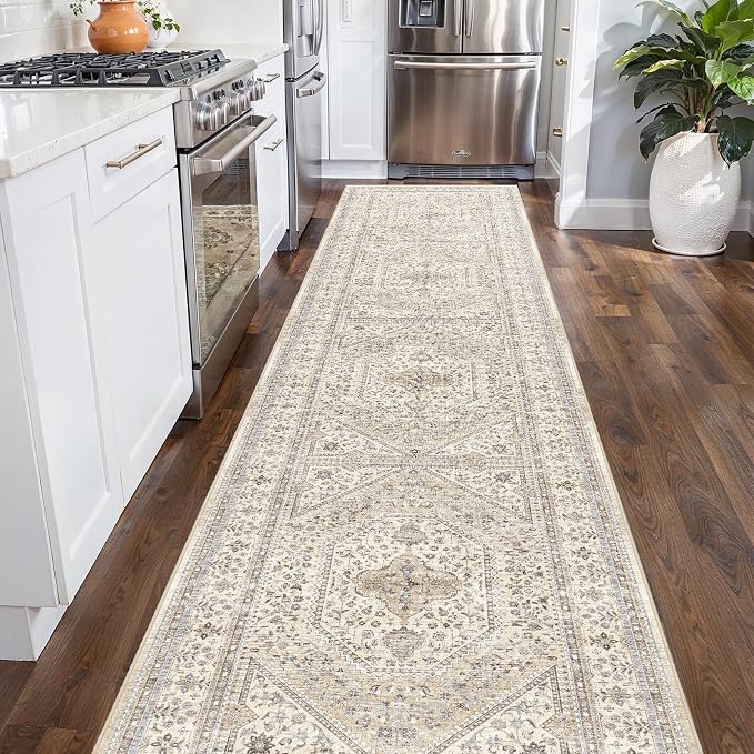 2x10 Runner Rug for Hallway Washable: Non Slip Kitchen Rugs with Rubber Backing Soft Waterproof Wide Mats Stain Resistant Low Pile Carpet for Entryway Bedroom Bathroom Laundry Home Decor Beige/Gray
