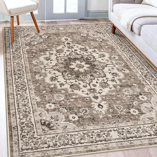 TOPRUUG Washable Oriental Area Rug - 5x7 Rugs for Living Room Soft Carpet for Bedroom Waterproof Floral Distressed Indoor Stain Resistant Non-Shedding Floor Carpets (Beige, 5x7)