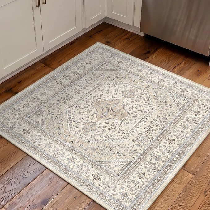 Washable 3x3 Square Entry Rug - Non Slip Throw Rug with Rubber Backing for Living Room Soft Vintage Indoor Carpet for Bedroom Low Pile Stain Resistant Floor Mat for Bathroom Home Decor Beige/Gray