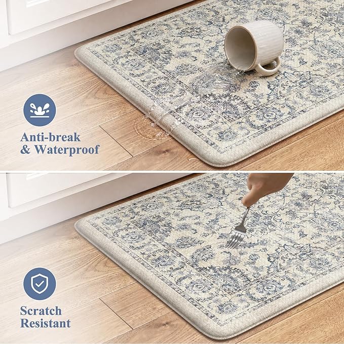 KIMODE Kitchen Mats for Floor Cushioned Anti Fatigue 2 Piece,Boho Floral Kitchen Rugs Non Slip 20" x 59"+20" x 32",Wide Memory Foam Kitchen Mat Carpet for Laundry Office Home,Blue