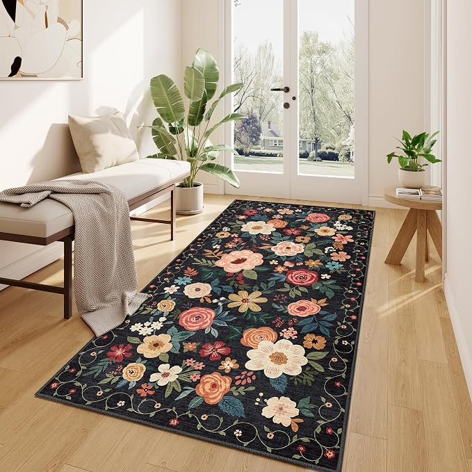 DUKINO 3x6 Runner Rug, Washable Soft Floral Hallway Runner Rug with Non Slip, Low Pile Thin Floor Carpet for Kitchen, Bathroom, Entryway, Laundry, Entryway, Black