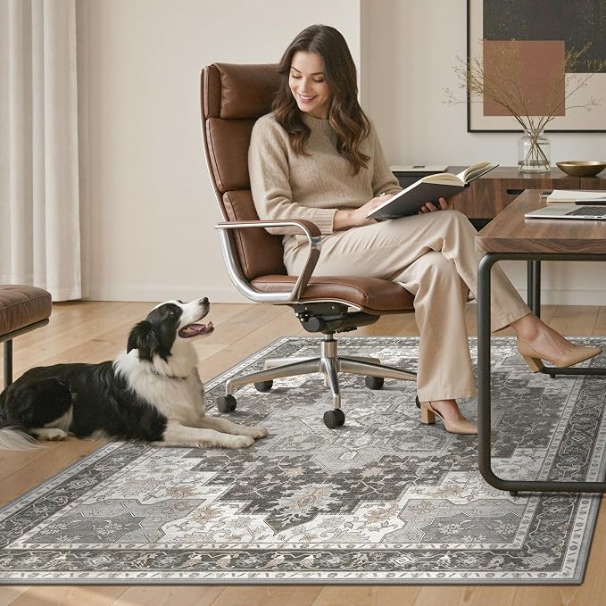 36"x60" Office Chair Mat for Hardwood Tile Floor, Under Desk Carpet Protector for Rolling Computer Chair Mat, Machine Washable Area Rug, Anti-Slip 1/5" Thick Low Pile Thin Vinyl Floor Mat, Tawny Grey