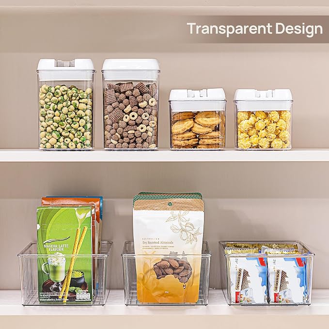 Vtopmart 10 Pack Food Storage Organizer Bins, Clear Plastic, 4 Compartments | For Pantry, Kitchen, Fridge and Cabinet Organization, Organize Food Packets, Snacks, Pouches and Spice Packets
