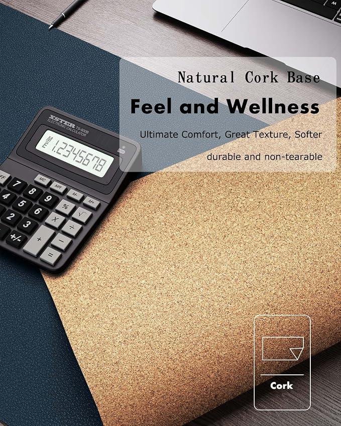 YSAGi Double-Sided Desk Pad, 35.4"x17"Leather Desk Mat, Eco Cork Desk Pad Protector,Large Mouse Pad,Waterproof Desk Blotter for Office/Home(Dark Blue)