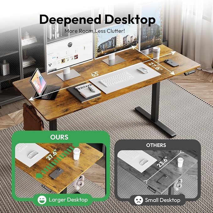 Large Electric Standing Desk,63x28 Inches Adjustable Height Stand up Desk, Sit Stand Home Office Desk, 3 Preset Heights,Equipped with Hooks,Ergonomic Computer Desk Workstation，Brown