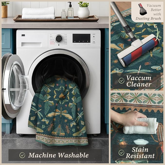 4'x5' Teal Office Chair Mat for Hardwood Floors, Insect Boho Design,Non-Slip Low Pile Desk Rug, 48"x60" Small Area Rug for Computer Desk Home Office, Machine Washable WFH Essential for Dorm Room