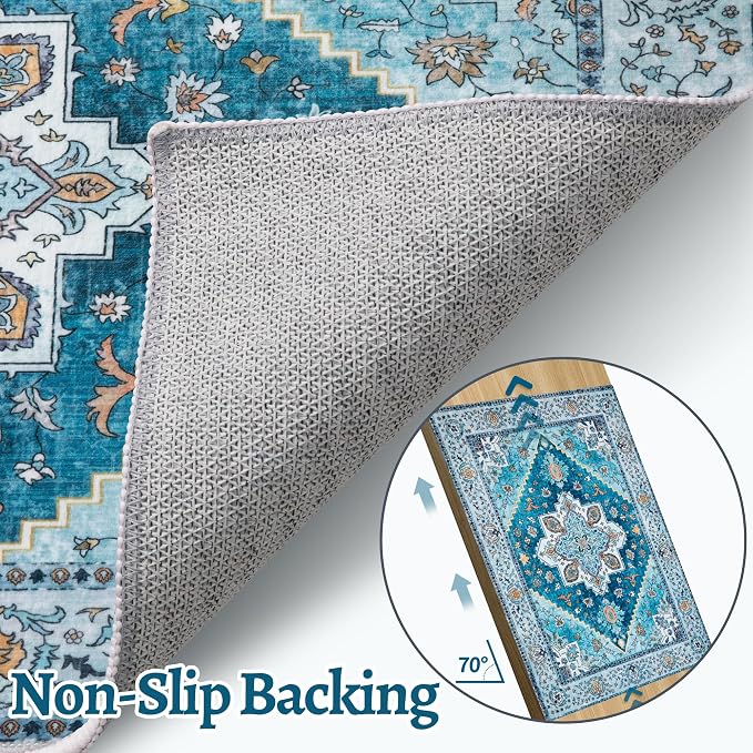 Tangsoo Blue 3x5 Washable Rug, Vintage Indoor Area Rugs, Boho Non Slip Accent Rug Carpet, Soft Low Pile Rugs for Living Room Dorm Bedroom Bedside Entryway Bathroom Home Decor
