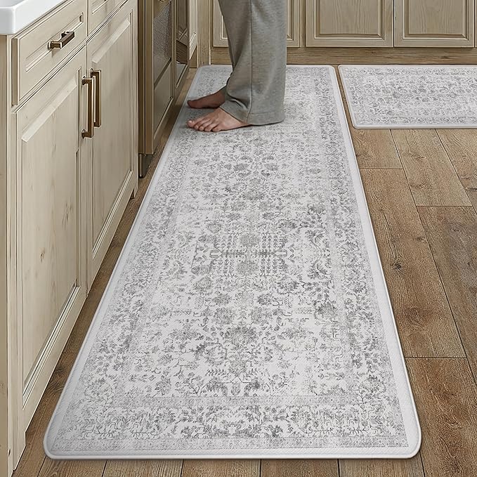 Kitchen Mats 2PCS Anti Fatigue Cushioned Mat Black Vintage Kitchen Mats for Floor Waterproof Non Slip Comfort Standing Retro Floral Rug for Sink Laundry Office 17.3"x59"+17.3"x30"
