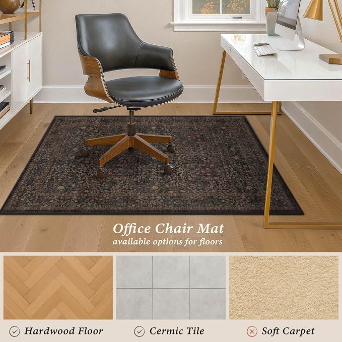 Taupe Brown Office Chair Mat for Hard Wood & Tile Floors, 48x60 Non-Slip Low Pile Under Desk Rug, Washable Floor Protector for Heavy Duty Office Chair, Vintage Traditional Dark Neutral Floral Décor