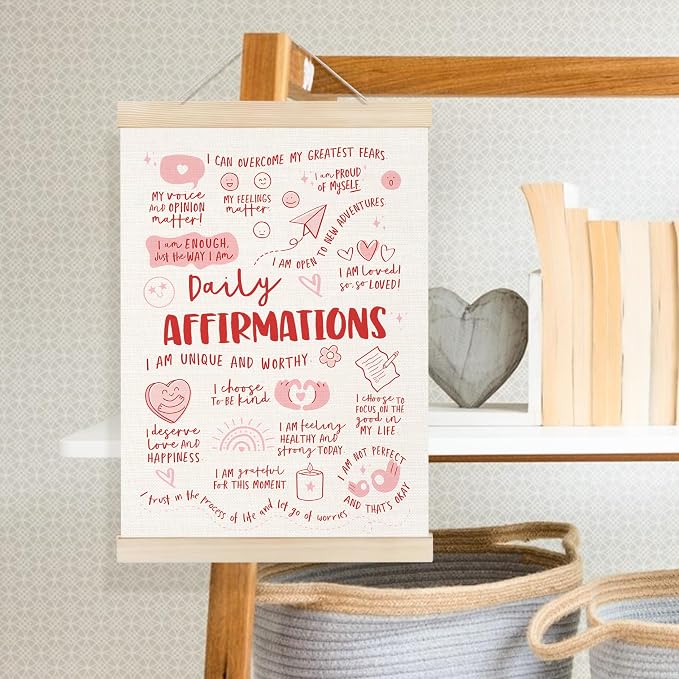 Welshower Inspirational Daily Affirmation Poster Hanger Frame, Pink Positive Affirmation Motivational Wall Art Prints Decor for Therapy Office Girls Room Dorm Bedroom, 12x16 Inch