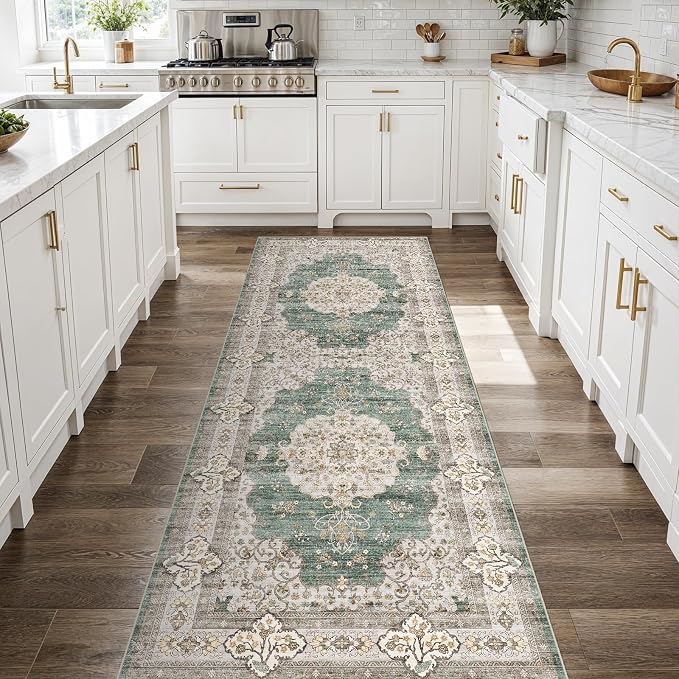 3x8 Washable Hallway Runner Rug:Oriental Indoor Kitchen Rugs Vintage Door Mat Non Slip with Rubber Backing Low Pile Thin Carpet for Bedroom Bathroom Living Room Bedside (3x8 Green/Beige)