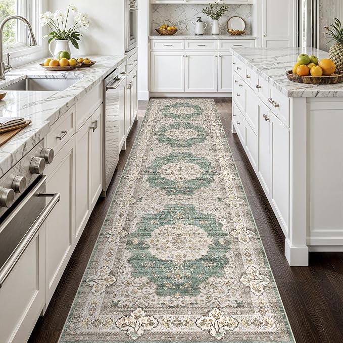 3x12 Washable Hallway Runner Rug:Oriental Indoor Kitchen Rugs Vintage Door Mat Non Slip with Rubber Backing Low Pile Thin Carpet for Bedroom Bathroom Living Room Bedside (3x12 Green/Beige)